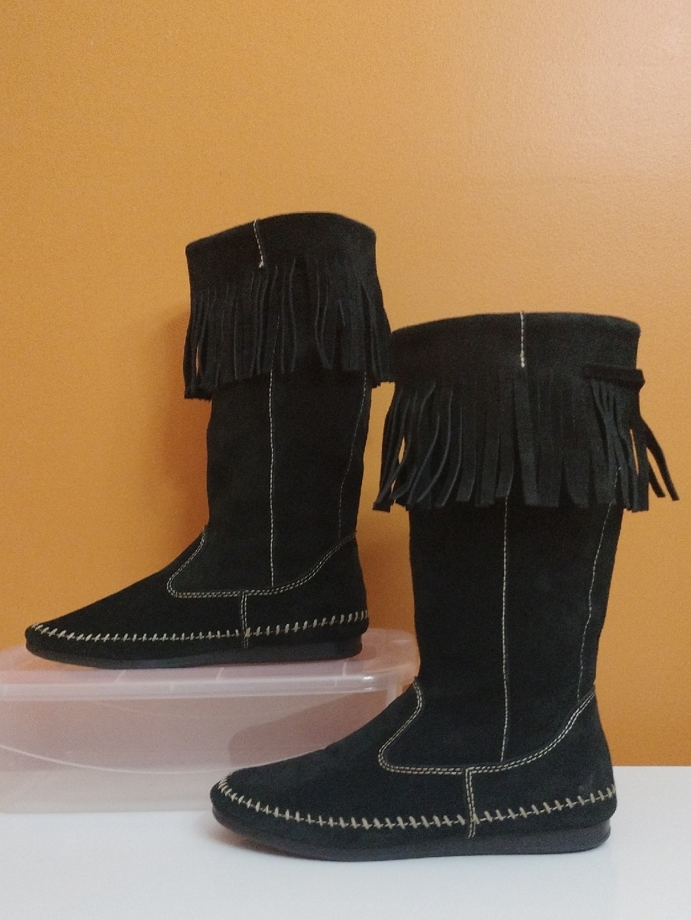 Rampage Black Suede Fringe Moccasin Knee High Boots Whipstitch Flat Size 8